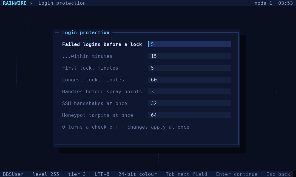 Login protection form: failed logins before a lock, lock lengths, spray threshold, handshake cap and tarpits